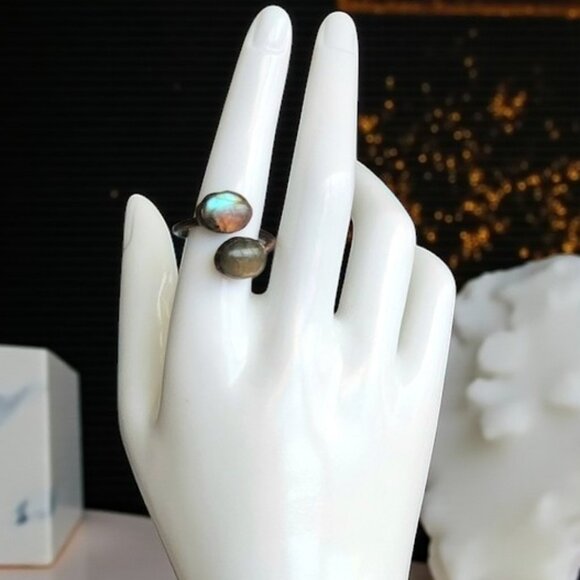 Boho Vintage Labradorite Ring Adjustable Open Wrap Handmade Copper Finish - Picture 3 of 11